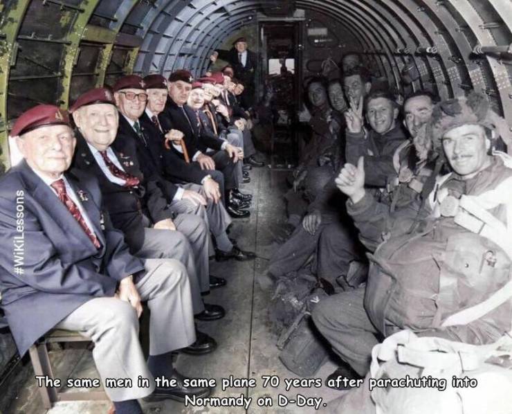 wwii paratroopers sitting across from themselves - The same men in the same plane 70 years after parachuting into Normandy on DDay.