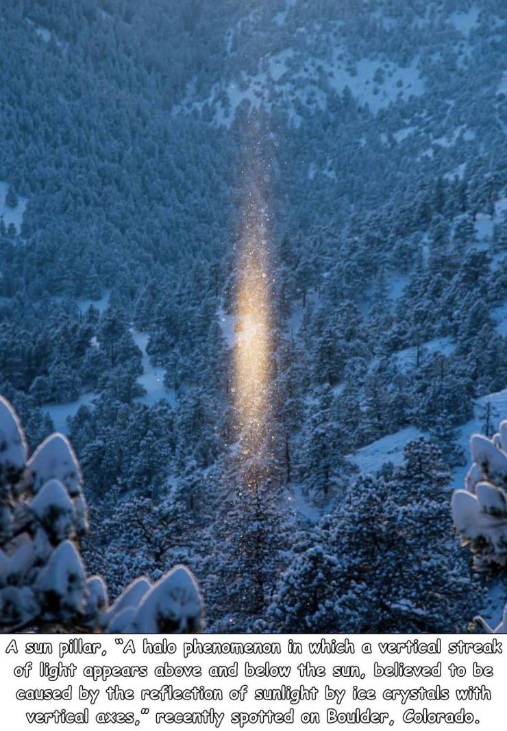 nature - A sun pillar. "A halo phenomenon in which a vertical streak of light appears above and below the sun, believed to be caused by the reflection of sunlight by ice crystals with vertical axes," recently spotted on Boulder, Colorado.