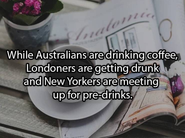 photo caption - Inalon While Australians are drinking coffee, Londoners are getting drunk and New Yorkers are meeting up for predrinks.