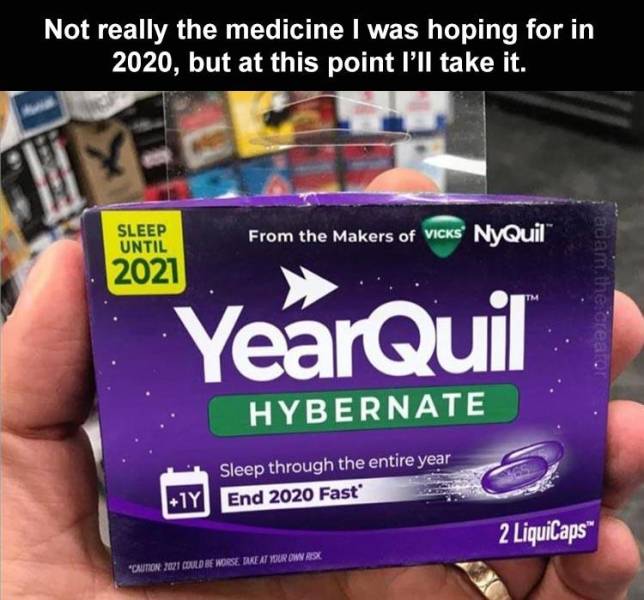 yearquil meme - Not really the medicine I was hoping for in 2020, but at this point I'll take it. Sleep Until From the makers of Vicks NyQuil 2021 YearQuil am the creator Hybernate Sleep through the entire year 1Y End 2020 Fast 2 LiquiCaps Caution 2021 Co