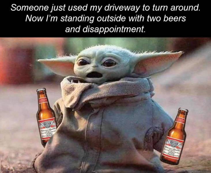 baby yoda funny memes - Someone just used my driveway to turn around. Now I'm standing outside with two beers and disappointment.