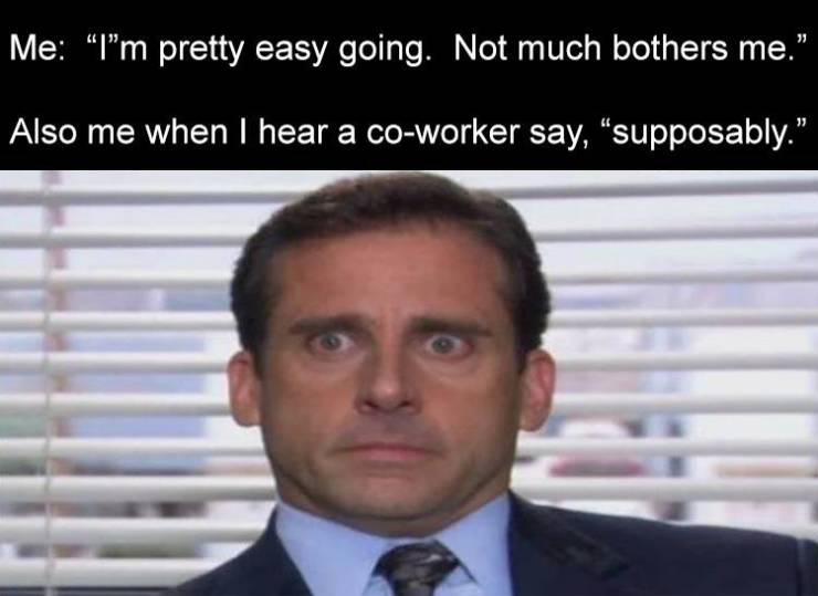 michael scott - Me I'm pretty easy going. Not much bothers me." Also me when I hear a coworker say, supposably."