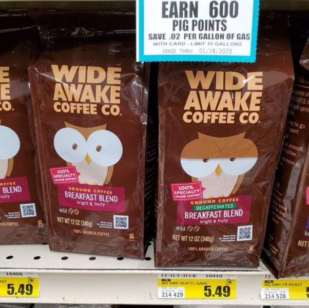 The owl on the decaffeinated coffee bag is half asleep
