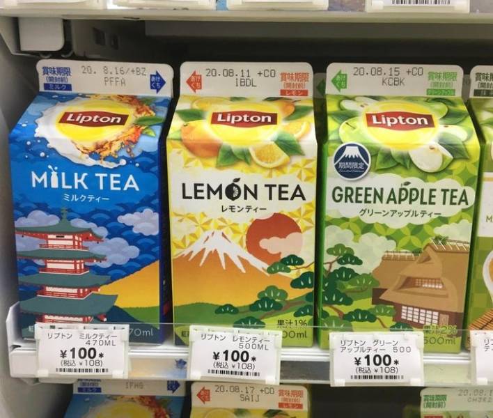 The designs of these tea cartons make up a landscape around Mount Fuji when you put them together