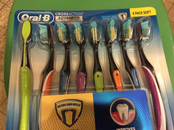 This pack of toothbrushes is positioned so you can see them from different angles