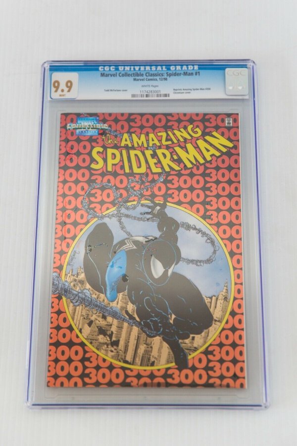 #4. Spider-Man Collectible Classics #1 (1998)

This comic is often referred to as the Chromium Edition of Amazing Spider-Man #300. With the addition of shiny foil on the front and back cover, this is a 1998 reprint of a 1988 cover by Todd McFarlane.

Record sale: $5,500 (CGC Grade: 9.9) and $1,000 (CGC 9.8)
Minimum value: $100