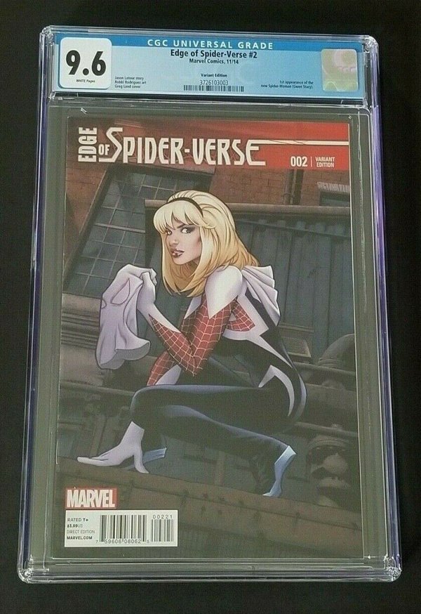 #3. Edge of Spider-Verse #2 (2014)
Gwen Stacy becomes Spider-Woman. This comic isn’t rare, but the popularity of its variant cover has currently shot up its value.

Record sale: $6,000
Minimum value: $150