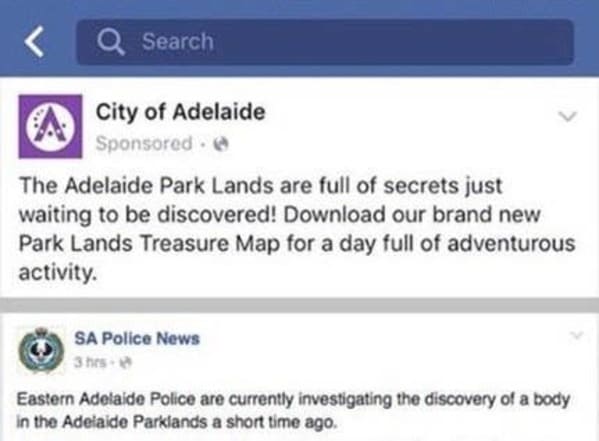 web page - Q Search Ca City of Adelaide Sponsored @ The Adelaide Park Lands are full of secrets just waiting to be discovered! Download our brand new Park Lands Treasure Map for a day full of adventurous activity. Sa Police News 3hes Eastern Adelaide Poli