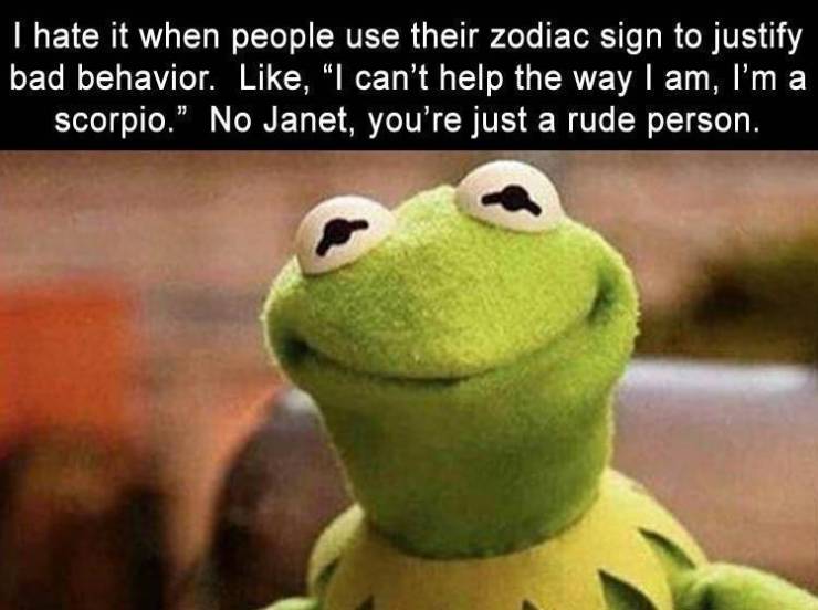 kermit meme - I hate it when people use their zodiac sign to justify bad behavior. , I can't help the way I am, I'm a scorpio." No Janet, you're just a rude person.