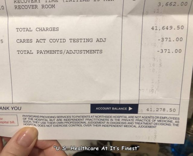 document - Lo 3,662.00 Recover Room Total Charges 41,649.50 5 Cares Act Covid Testing Adj 371.00 Total PaymentsAdjustments 371.00 a 2 50 Ank You Account Balance 941, 278.50 Dr ospital bill Physicians Providing Services To Patients At Northside Hospital Ar