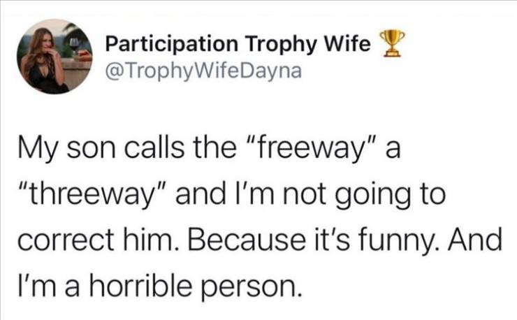 material - Participation Trophy Wife WifeDayna My son calls the "freeway" a "threeway" and I'm not going to correct him. Because it's funny. And I'm a horrible person.