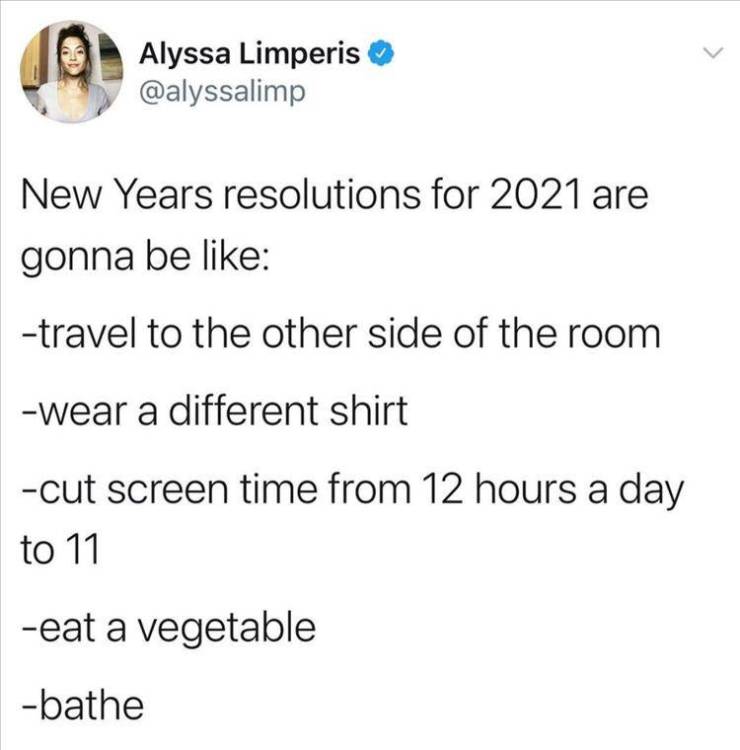 2021 - Alyssa Limperis New Years resolutions for 2021 are gonna be travel to the other side of the room wear a different shirt cut screen time from 12 hours a day to 11 eat a vegetable bathe