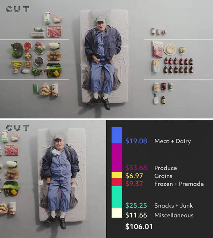 Cut Is Cut $19.08 Meat Dairy $33.68 Produce $6.97 Grains $9.37 Frozen Premade Mis $25.25 Snacks Junk $11.66 Miscellaneous $106.01