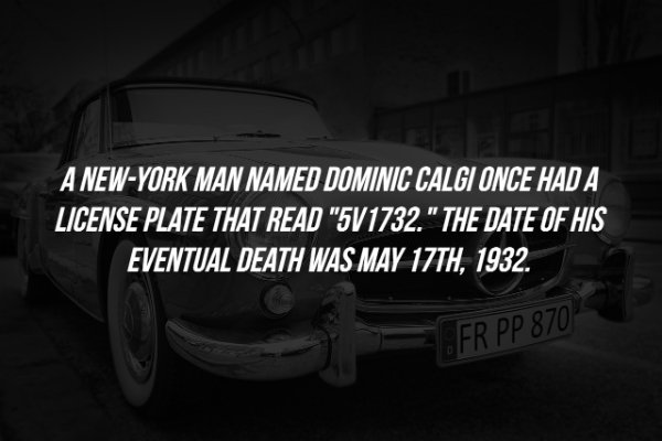 monochrome photography - A NewYork Man Named Dominic Calgi Once Had A License Plate That Read "5V1732." The Date Of His Eventual Death Was May 17TH, 1932. Fr Pp 870