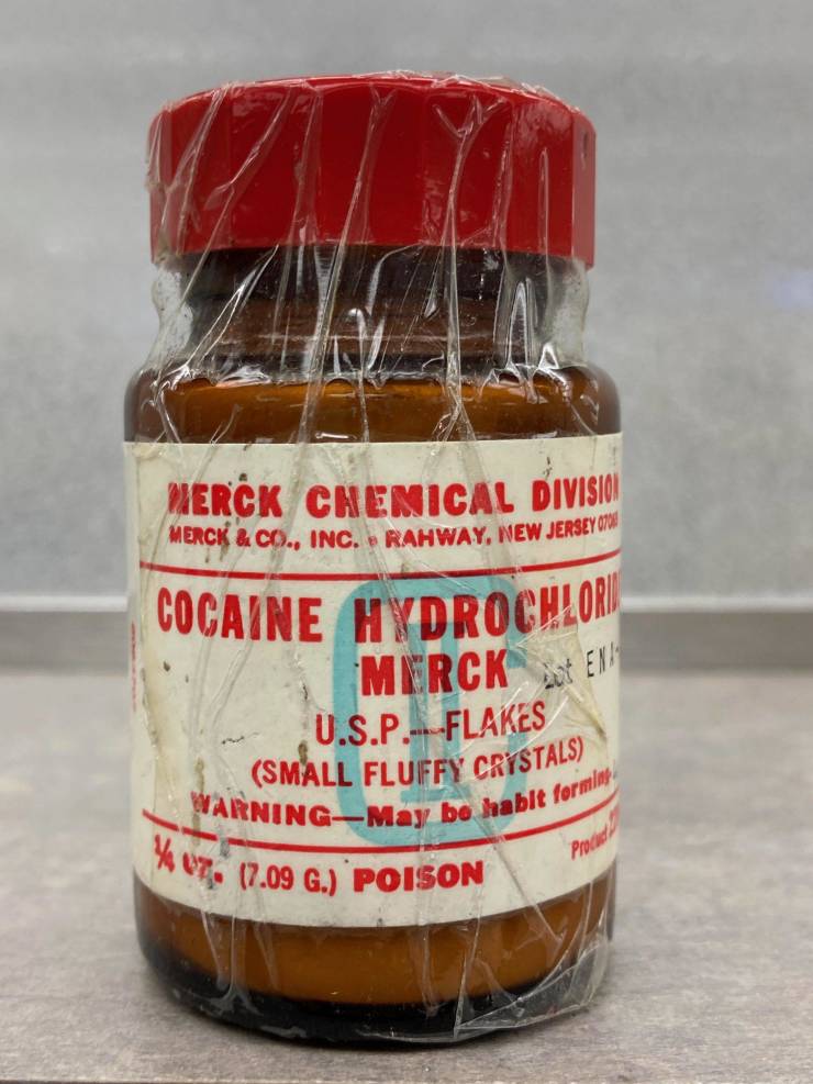 “This very old bottle of cocaine we found in my pharmacy.”