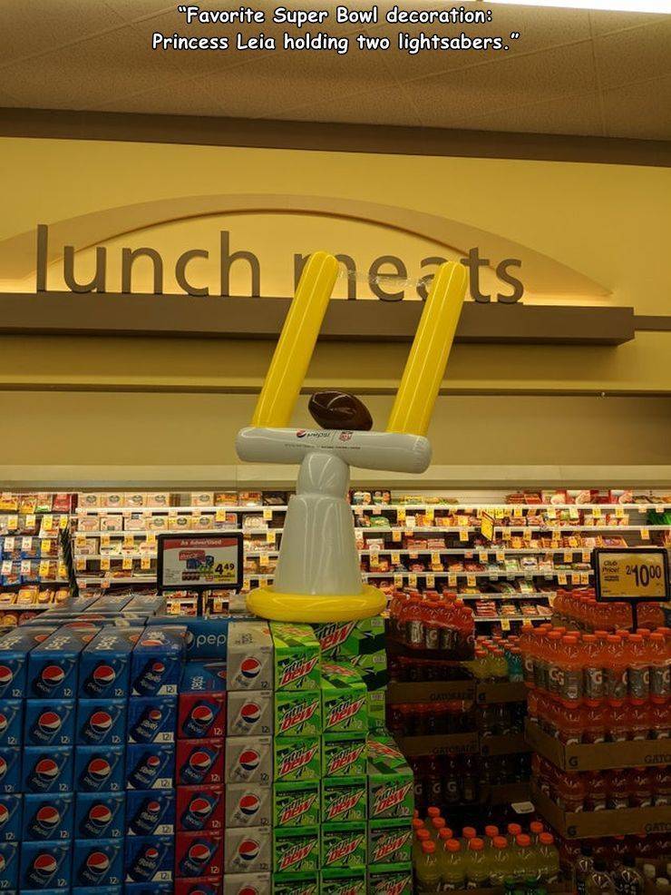 supermarket - "Favorite Super Bowl decoration Princess Leia holding two lightsabers." lunch meats 24000 2 We G 12 G 212 C 102 23 2