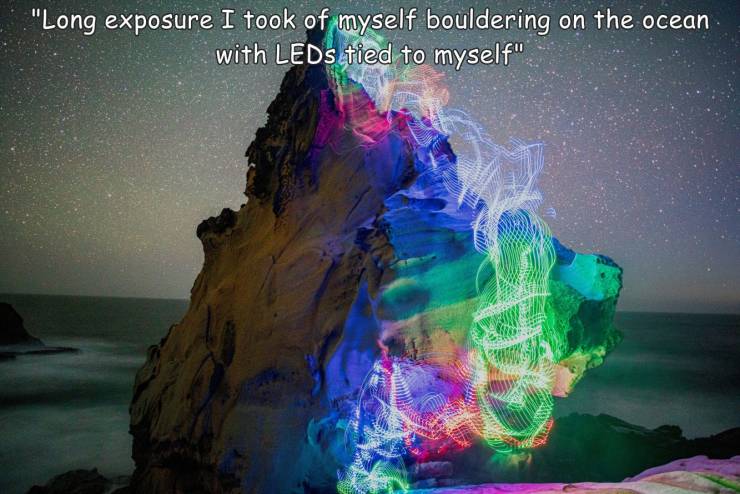 random photos and cool pics - long exposure climbing - "Long exposure I took of myself bouldering on the ocean with LEDs tied to myself"