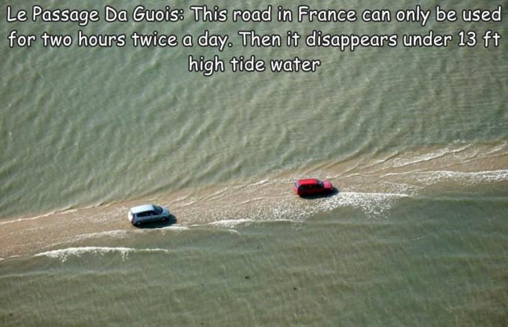 random photos and cool pics - water resources - Le Passage Da Guois This road in France can only be used for two hours twice a day. Then it disappears under 13 ft high tide water