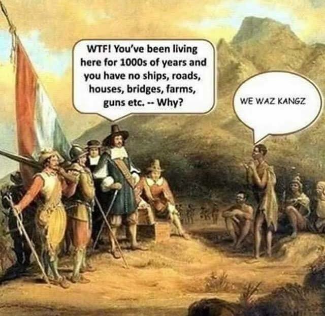 memes - jan van riebeeck cartoon - Wtf! You've been living here for 1000s of years and you have no ships, roads, houses, bridges, farms, guns etc. Why? We Waz Kangz