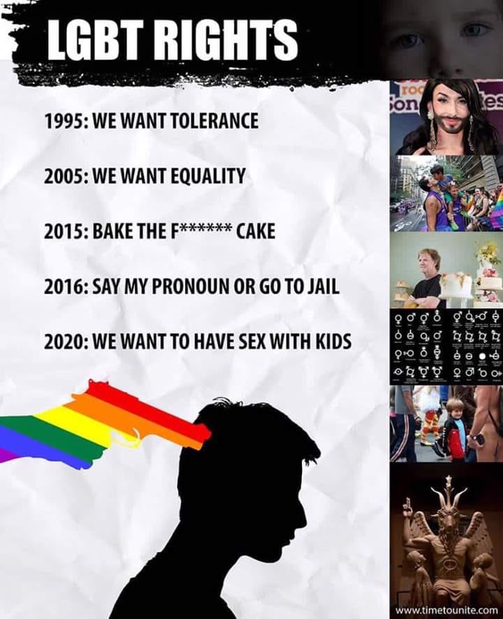 memes - media - Lgbt Rights ion 1995 We Want Tolerance 2005 We Want Equality 2015 Bake The F Cake 2016 Say My Pronoun Or Go To Jail So 2020 We Want To Have Sex With Kids od 90 dogg 2.0 o deos Oo 900