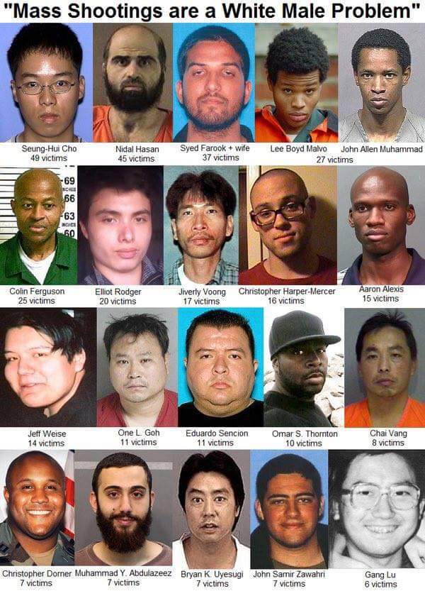 memes - non white mass shooters - "Mass Shootings are a White Male Problem" SeungHui Cho 49 victims Nidal Hasan 45 victims Syed Farook wife 37 victims Lee Boyd Malvo John Allen Muhammad 27 victims Colin Ferguson 25 victims Elliot Rodger 20 victims Jverly 