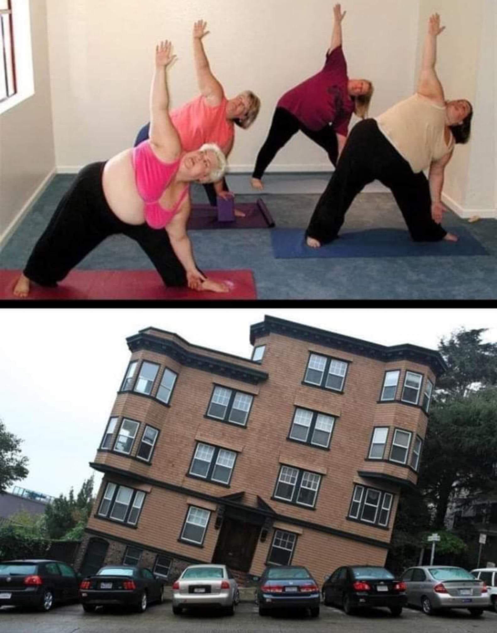fat people doing yoga and a leaning building