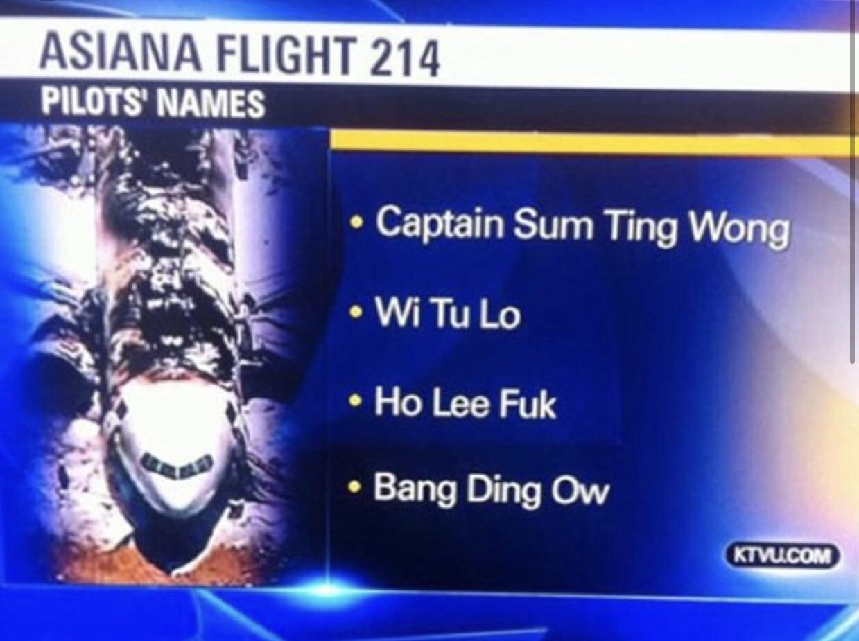 captain sum ting wong - Asiana Flight 214 Pilots' Names Captain Sum Ting Wong Wi Tu Lo Ho Lee Fuk Bang Ding Ow Ktvucom