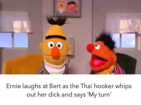ernie and bert memes - Ernie laughs at Bert as the Thai hooker whips out her dick and says 'My turn'