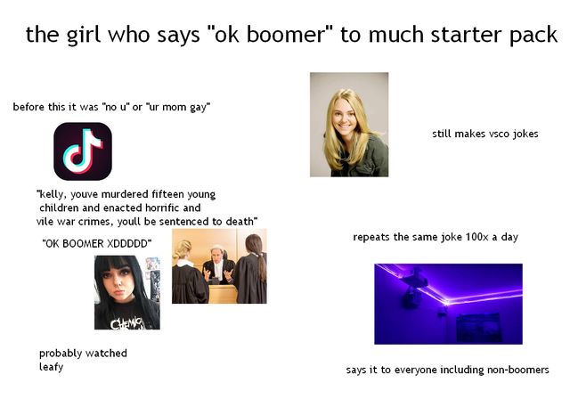 human behavior - the girl who says "ok boomer" to much starter pack before this it was "no u" or "ur mom gay" still makes vsco jokes "kelly, youve murdered fifteen young children and enacted horrific and vile war crimes, youll be sentenced to death "Ok Bo