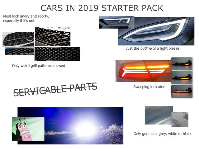 light - Cars In 2019 Starter Pack Must look angry and sporty, especially if it's not Just the outline of a light please Only weird grill patterns allowed Sweeping indicators Servicable Parts Only gunmetal grey, white or black