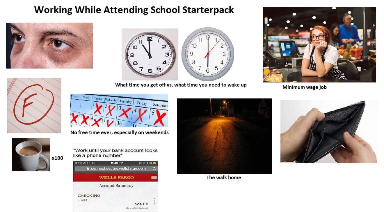 working while attending school starter pack - Working While Attending School Starterpack 1 What time you get off vs. what time you need to wake up Minimum wage job word Mada Test Wednesday Thursday Friday Saturday Xx 17 No free time ever, especially on we