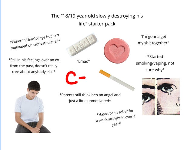 19 year old starter pack - The "1819 year old slowly destroying his life" starter pack Either in UniCollege but isn't motivated or captivated at all "I'm gonna get my shit together" Lanax "Lmao" Still in his feelings over an ex from the past, doesn't real