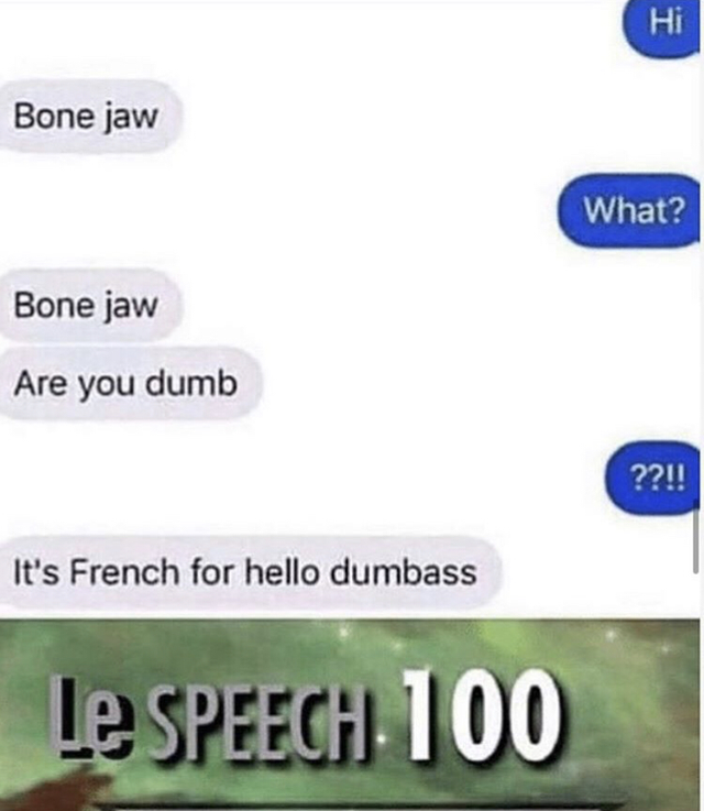 website - Hi Bone jaw What? Bone jaw Are you dumb ??!! It's French for hello dumbass Le Speech 100