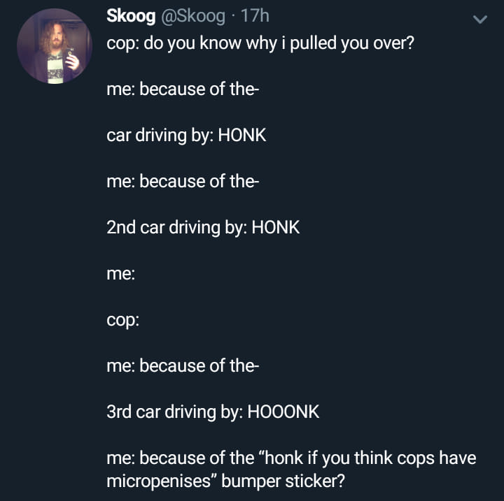 Driving - Skoog 17h cop do you know why I pulled you over? me because of the car driving by Honk me because of the 2nd car driving by Honk me cop me because of the 3rd car driving by Hooonk me because of the honk if you think cops have micropenises" bumpe