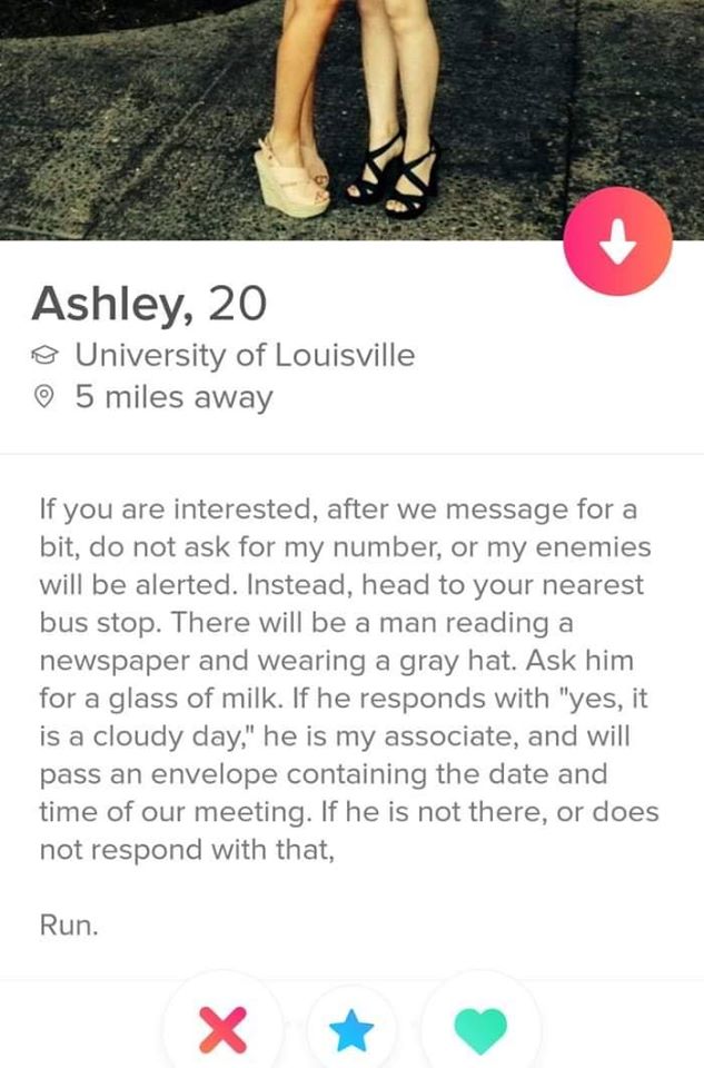 website - Ashley, 20 @ University of Louisville 5 miles away If you are interested, after we message for a bit, do not ask for my number, or my enemies will be alerted. Instead, head to your nearest bus stop. There will be a man reading a newspaper and we