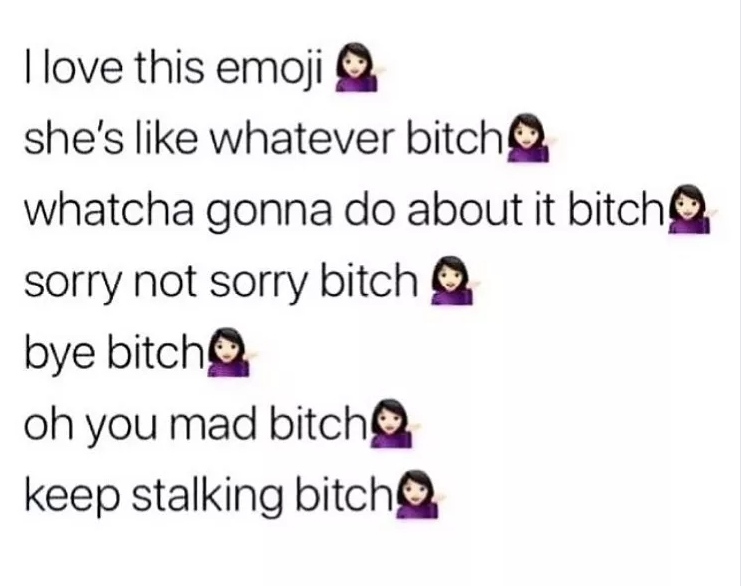 diagram - I love this emoji she's whatever bitch whatcha gonna do about it bitch sorry not sorry bitch bye bitch oh you mad bitch keep stalking bitch
