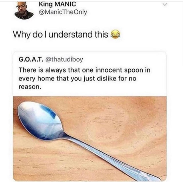 big spoon jokes - King Manic Why dolunderstand this a G.O.A.T. There is always that one innocent spoon in every home that you just dis for no reason.