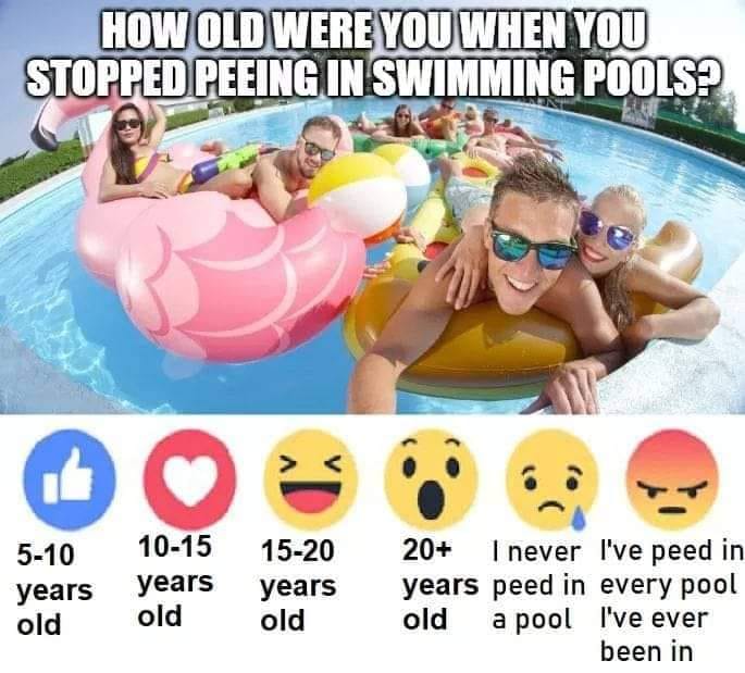 pool party - How Old Were You When You Stopped Peeing In Swimming Pools? 510 years old 1015 years old 1520 years old 20 I never I've peed in years peed in every pool old a pool I've ever been in