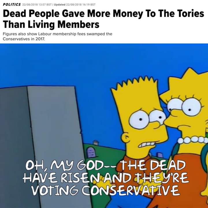 thompsons simpsons - Politics 22082018 13.07 Bst Updated 22012018 Bst Dead People Gave More Money To The Tories Than Living Members Figures also show Labour membership fees swamped the Conservatives in 2017. Oh, My God The Dead Have Risen And They'Re Voti