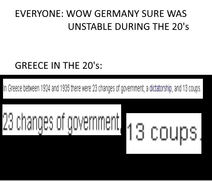 document - Everyone Wow Germany Sure Was Unstable During The 20's Greece In The 20's In Greece between 1924 and 1935 there were 23 changes of government, a dictatorship, and 13 coups. 23 changes of government 13 coups