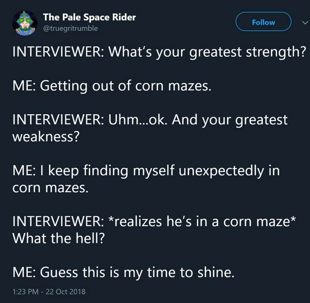 screenshot - The Pale Space Rider Interviewer What's your greatest strength? Me Getting out of corn mazes. Interviewer Uhm...ok. And your greatest weakness? Me 1 keep finding myself unexpectedly in corn mazes. Interviewer realizes he's in a corn maze What