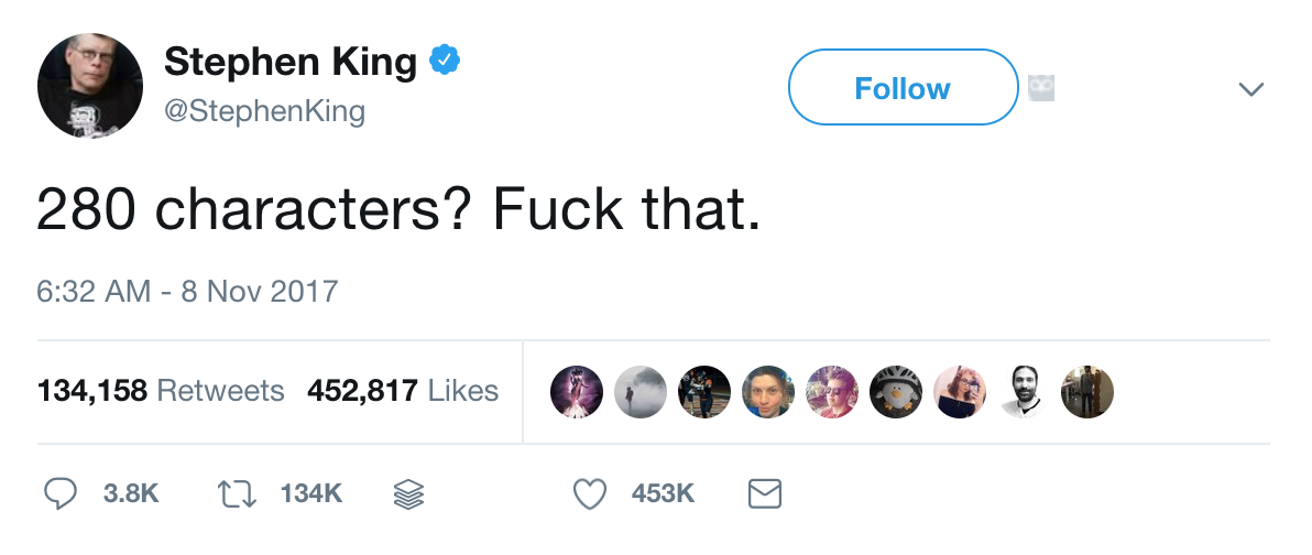 stephen king twitter - Stephen King 280 characters? Fuck that. 134,158 452,817 9 S