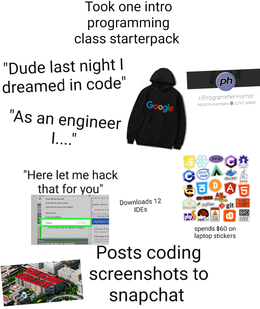 took one programming class starter pack - Took one intro programming class starterpack "Dude last night! dreamed in code" ph TProgrammerHumor Google "As an engineer 1. " "Here let me hack that for you" Downloads 12 C hongit Ides spends $60 on laptop stick