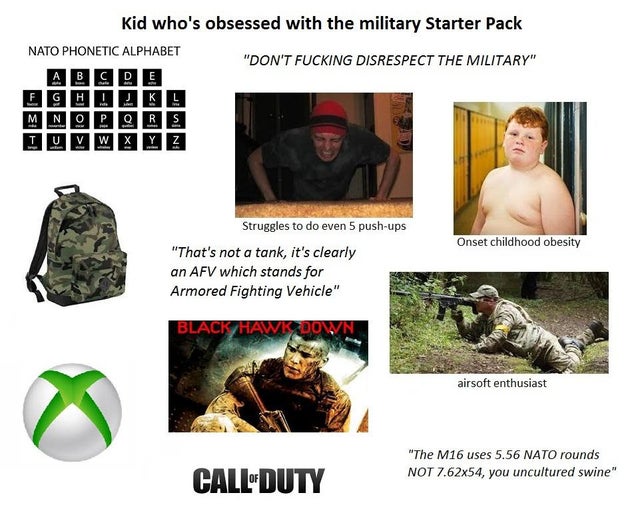 kid whos obsessed with the military starter pack - Kid who's obsessed with the military Starter Pack Nato Phonetic Alphabet "Don'T Fucking Disrespect The Military" Abc De Egh!Kl Mno Pore Luv W X Y Z Onset childhood obesity Struggles to do even 5 pushups "