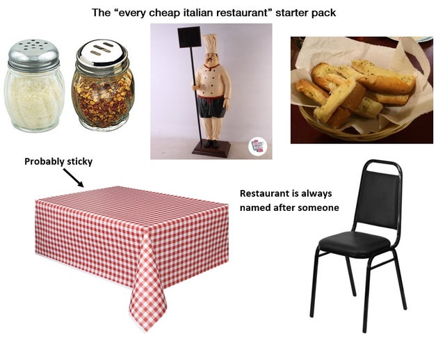 starter pack memes - The "every cheap italian restaurant" starter pack Probably sticky Restaurant is always named after someone