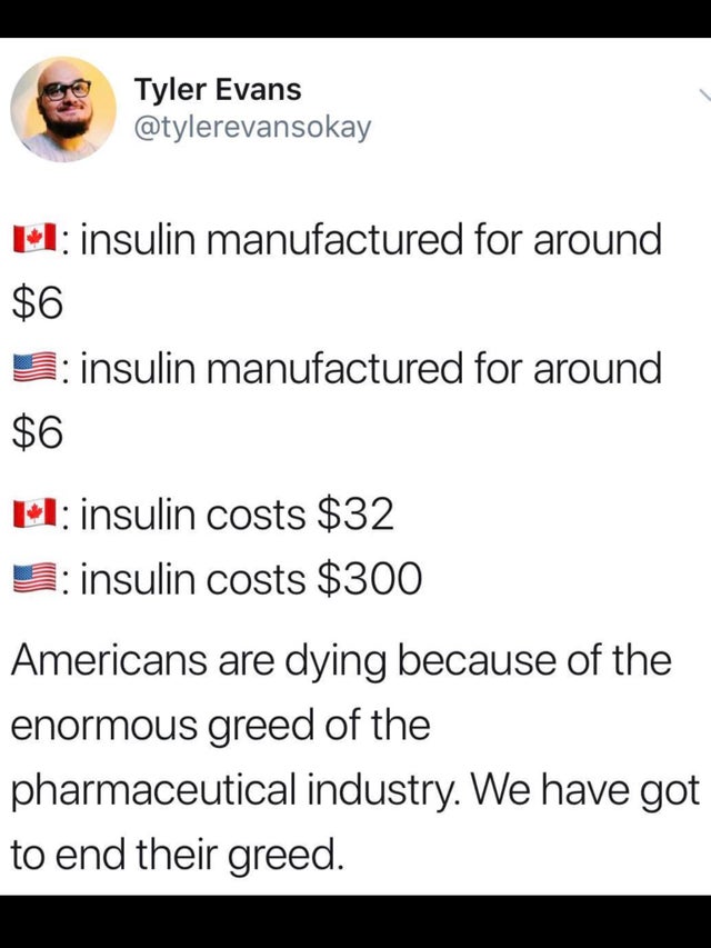 document - Tyler Evans U1 insulin manufactured for around $6 E insulin manufactured for around $6 Li insulin costs $32 9 insulin costs $300 Americans are dying because of the enormous greed of the pharmaceutical industry. We have got to end their greed.