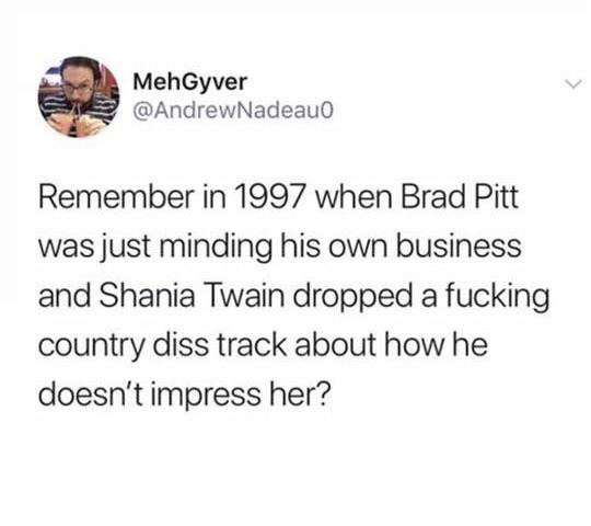 shower thoughts quotes - MehGyver Remember in 1997 when Brad Pitt was just minding his own business and Shania Twain dropped a fucking country diss track about how he doesn't impress her?