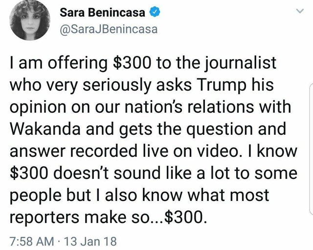 Sara Benincasa Tam offering $300 to the journalist who very seriously asks Trump his opinion on our nation's relations with Wakanda and gets the question and answer recorded live on video. I know $300 doesn't sound a lot to some people but I also know wha
