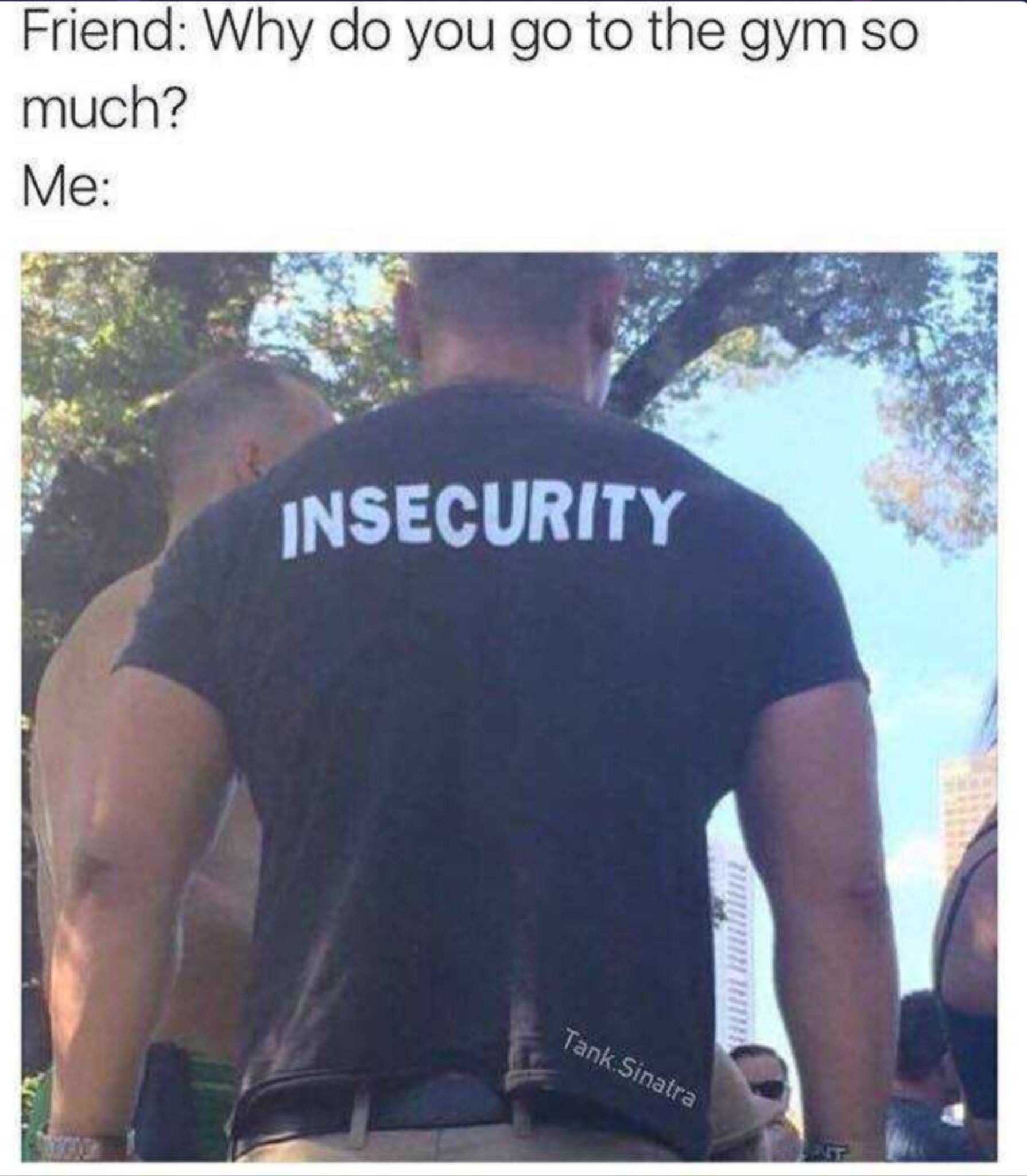 dank work out memes - Friend Why do you go to the gym so much? Me Insecurity M Tank Sinatra