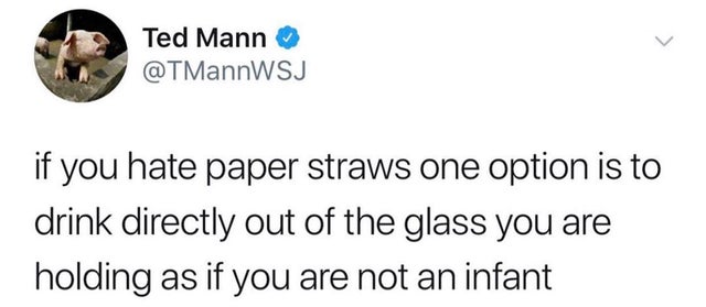 Ted Mann if you hate paper straws one option is to drink directly out of the glass you are holding as if you are not an infant